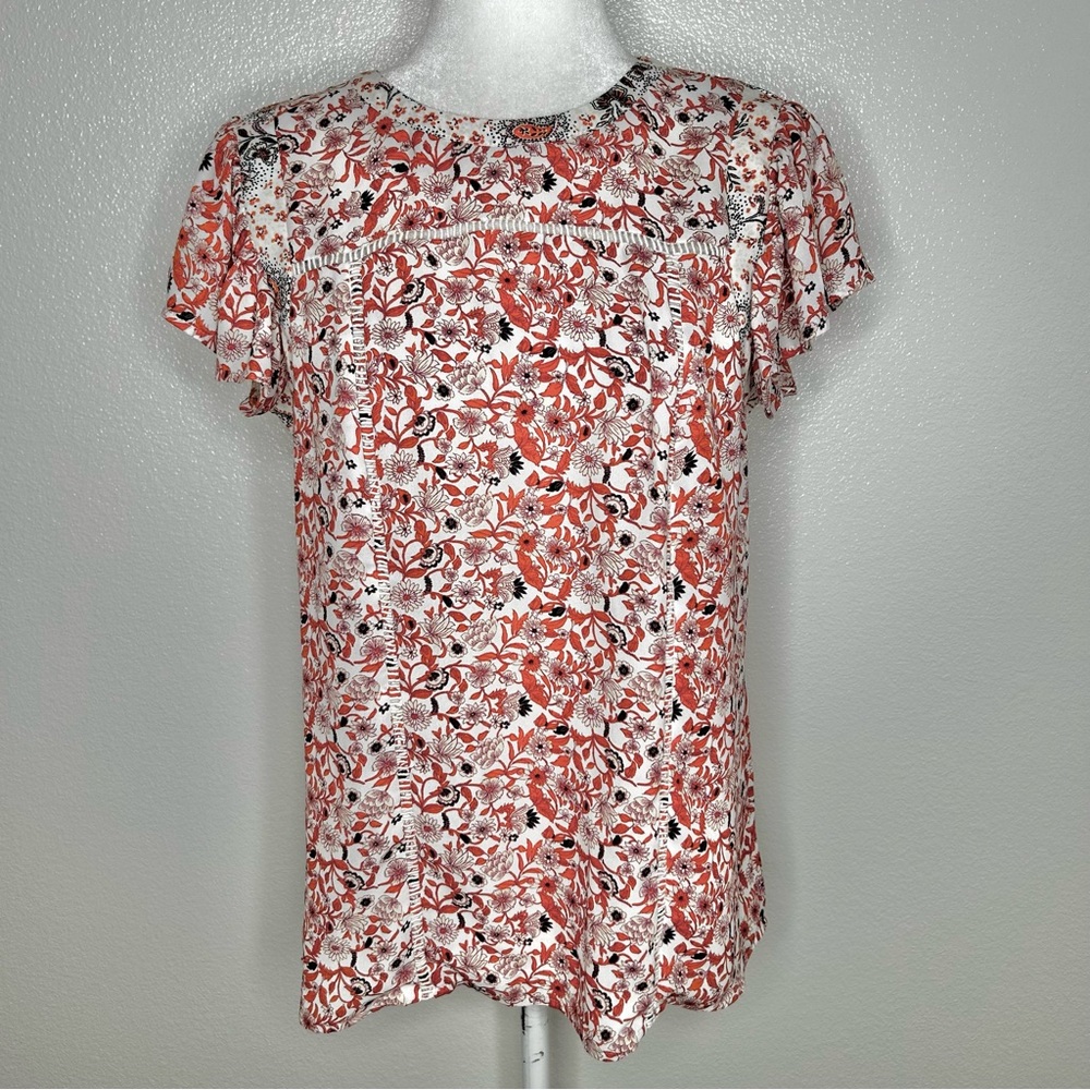 DR2 By Daniel Rainn Womens White Orange Floral Crochet Top Ruffled Sleeve Size S